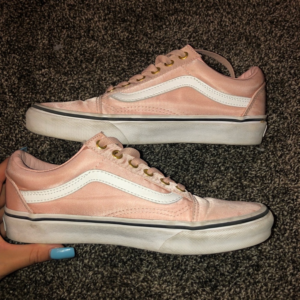 pink satin old skool vans with gold detailing 🌟💞